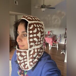 Crochet Hooded Scarf in Brown and White